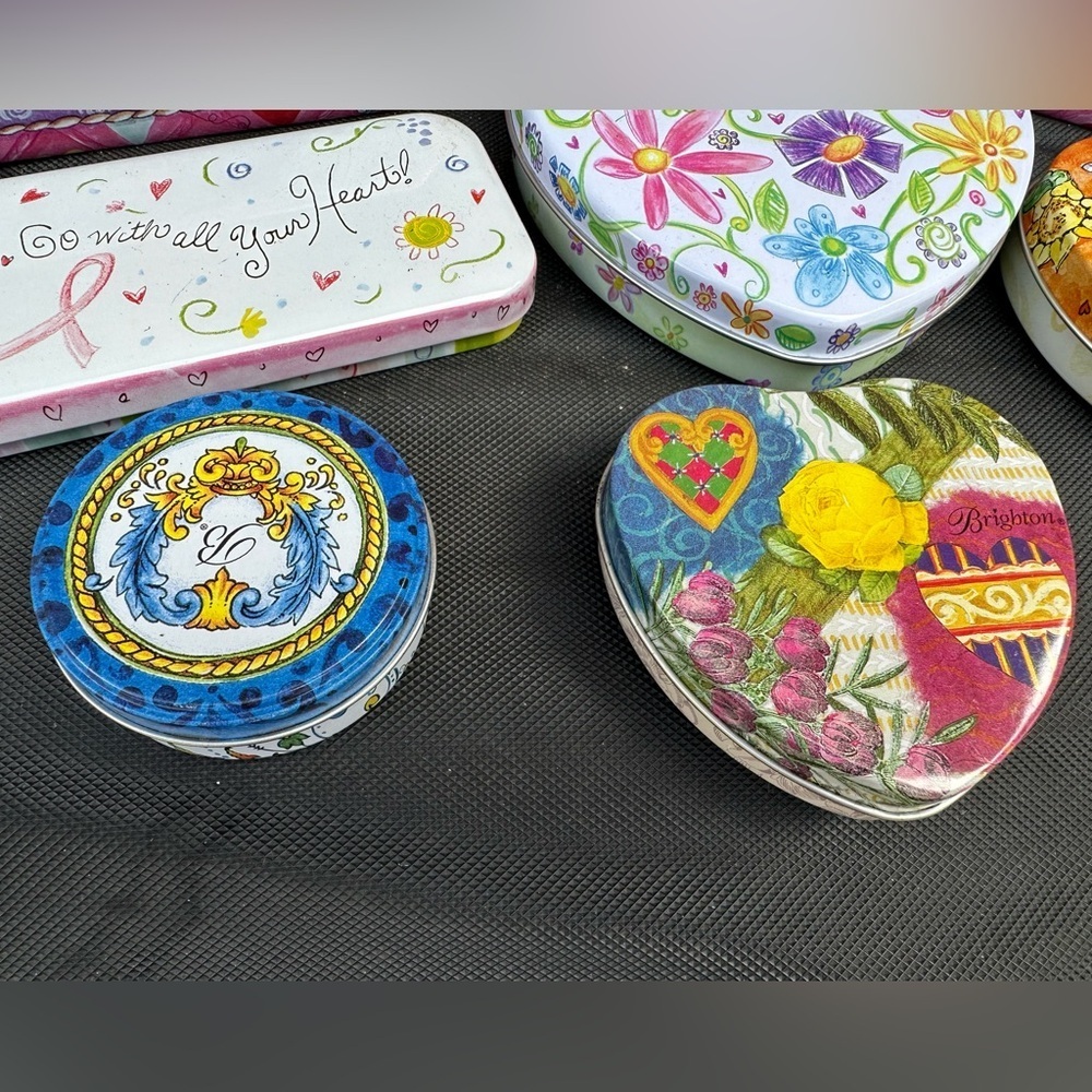 Brighton Empty Metal Tins Assorted Shapes And Sizes Lot Of 9 Various Uses/Colors - Picture 6 of 6